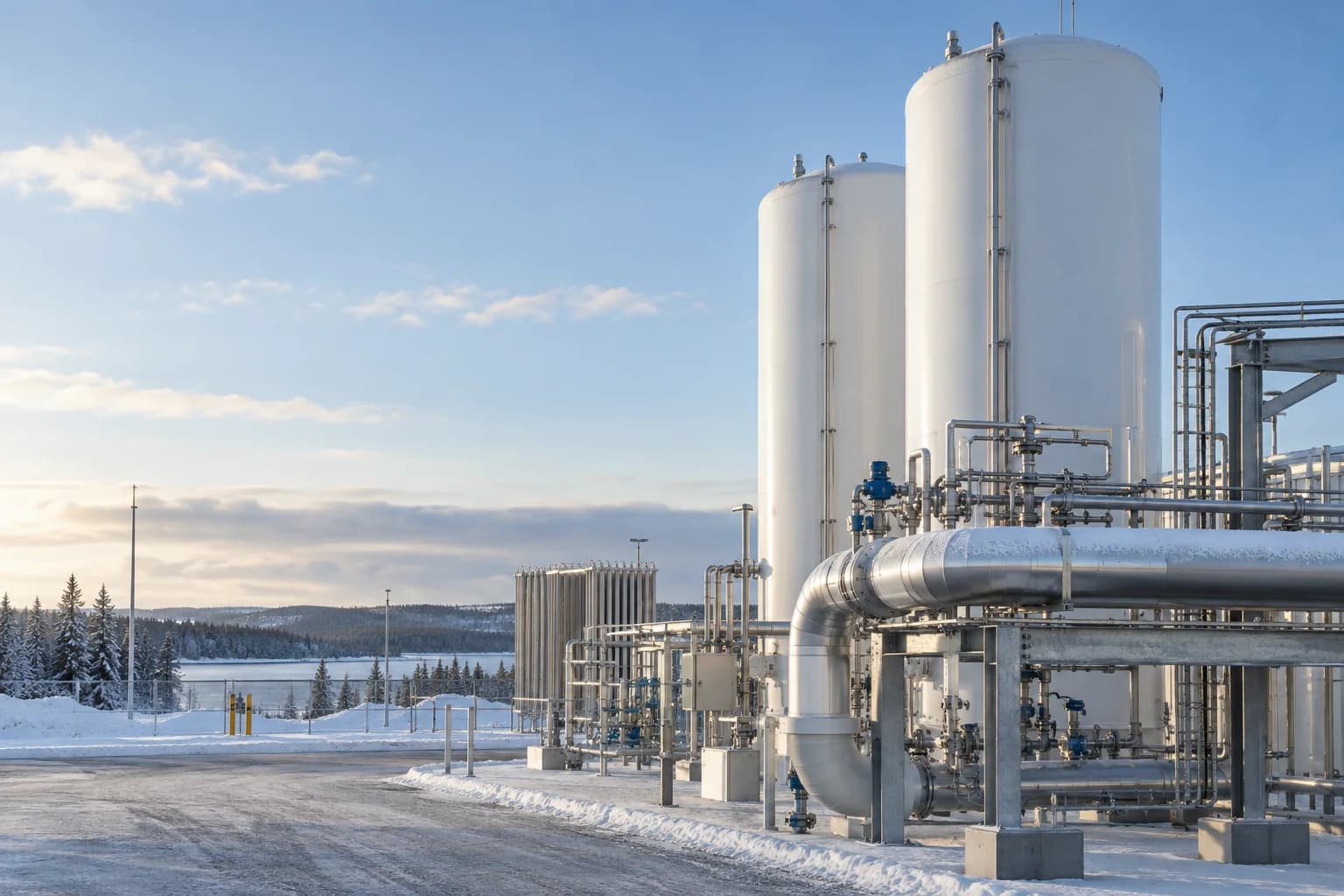 Illustrative cryogenic storage vessels and insulated transfer pipework in a Nordic winter setting