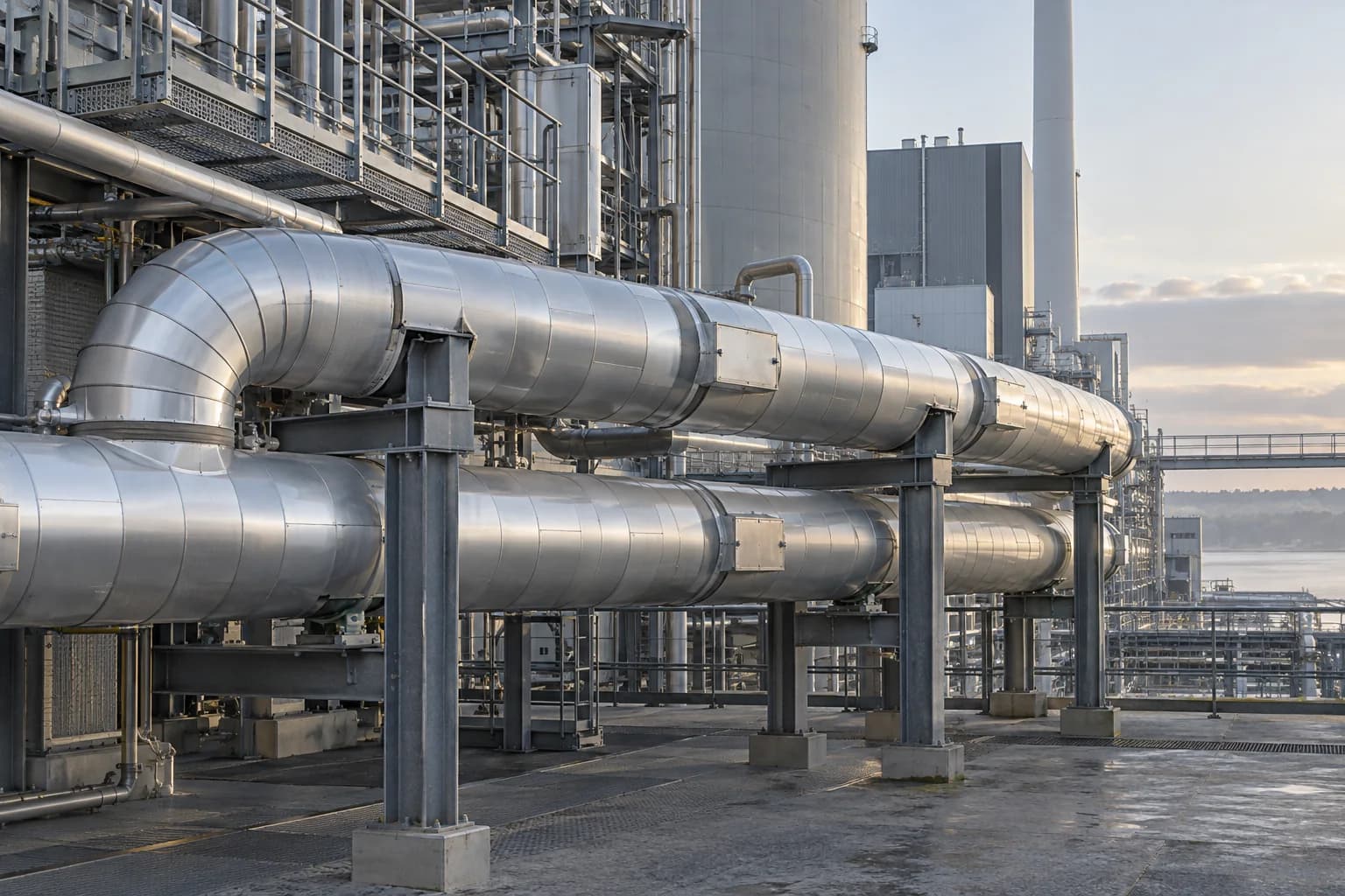 Illustrative industrial steam plant with insulated pipework and service platforms